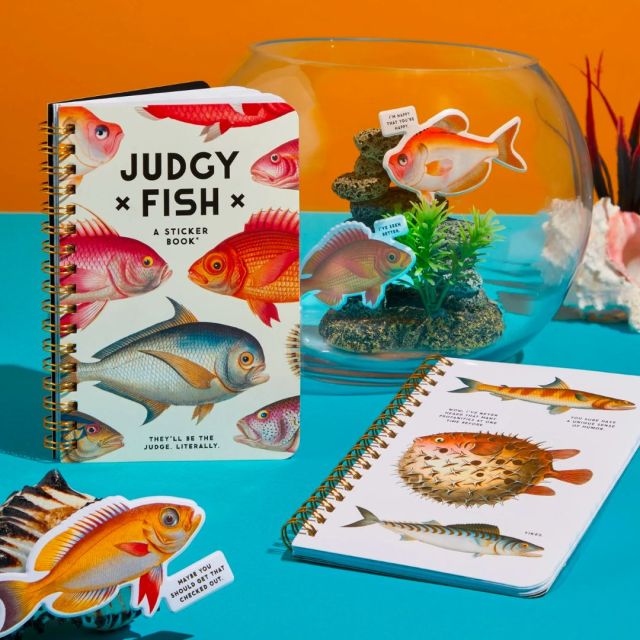 display of fish sticker book with decorative fish bowl