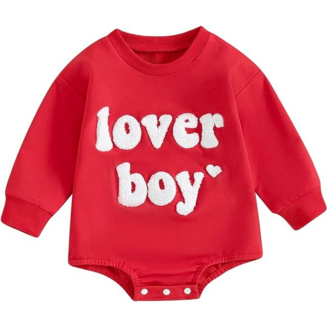red baby onesie with 'lover boy' text