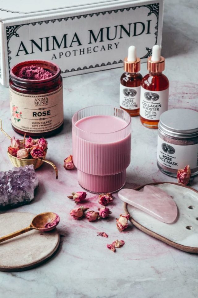set of rose-themed alternative beauty and health products