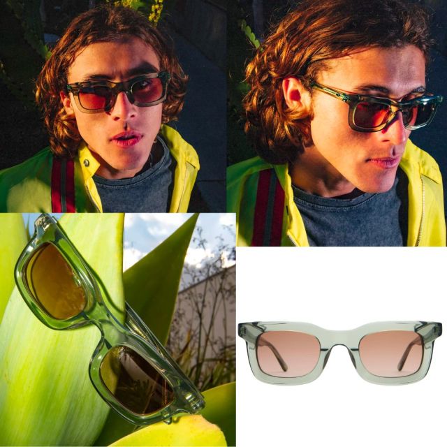 man wearing green sunglasses and a close up of sunglasses