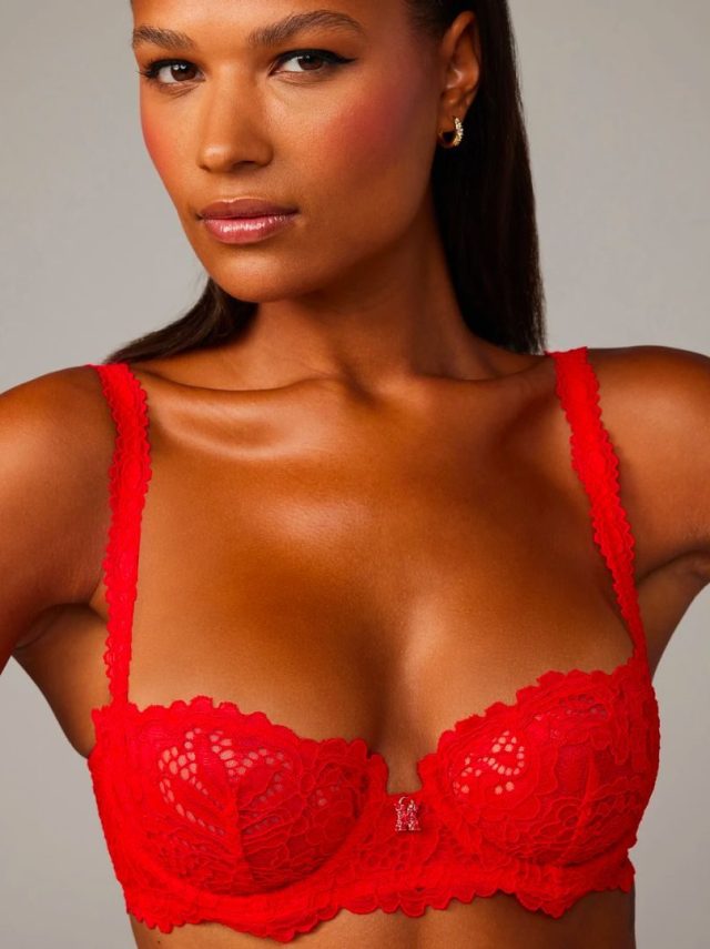 woman in red lace bra