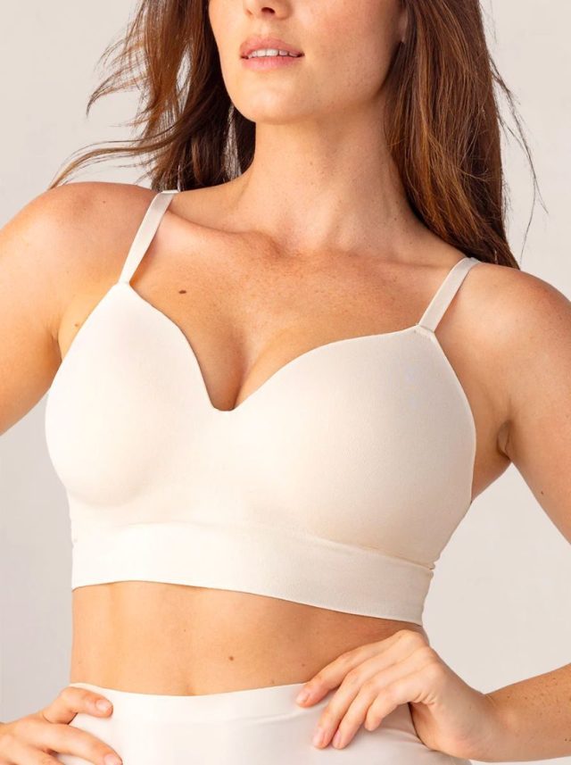 woman wearing cream-colored bralette