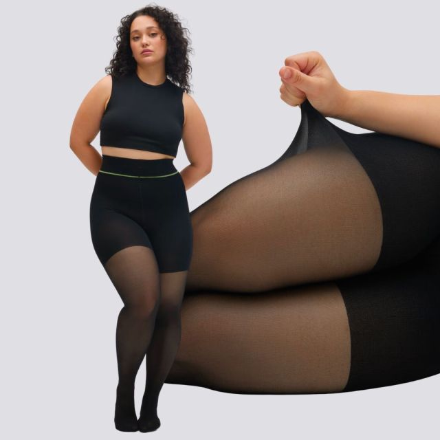 woman in black tights pulling on them to demonstrate strength