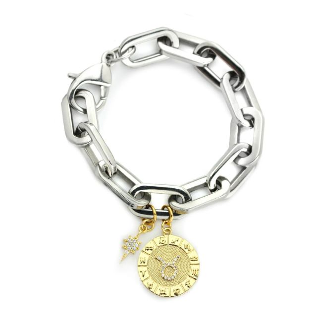 silver chunky chain bracelet with gold zodiac charms