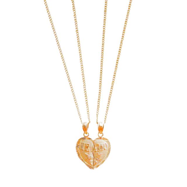 two gold best friend necklaces in a heart shape