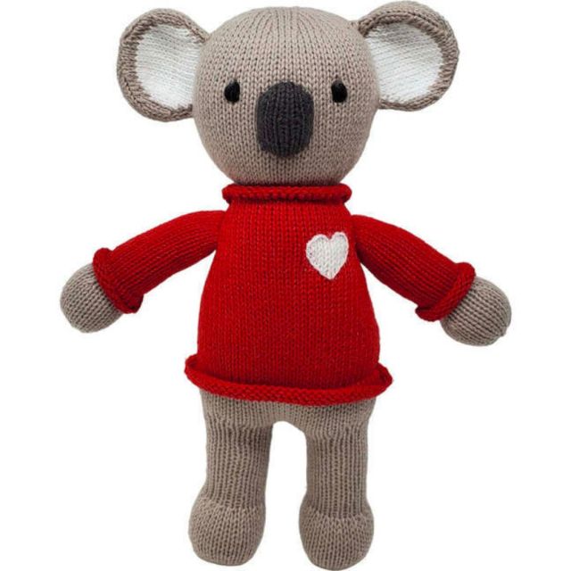 a grey plush koala in a red sweater with a heart on it