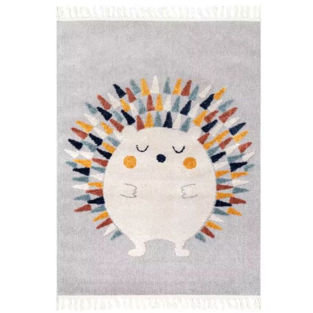 grey rug with colorful cute hedgehog design