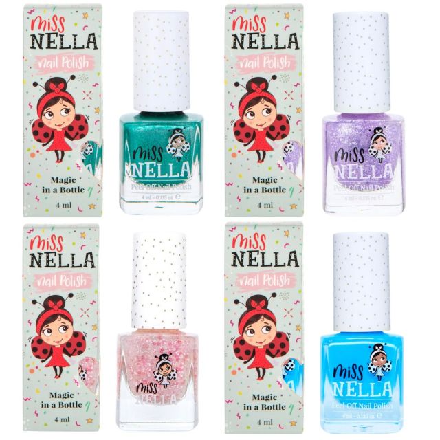 four bottles and four boxes of miss ella brand nail polish