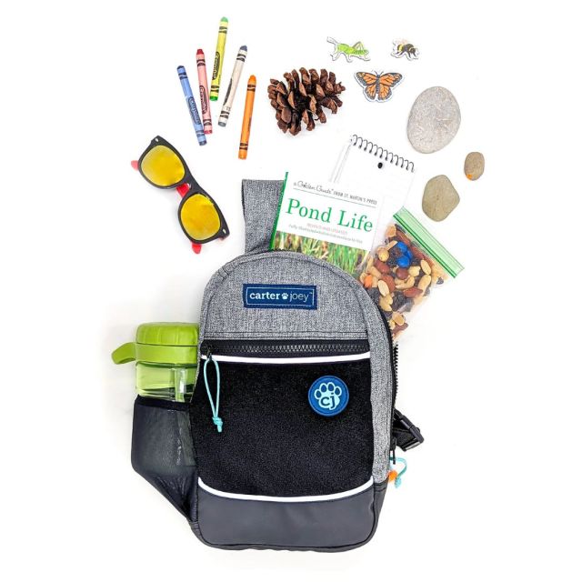 kids backpack with nature-themed items spilling out