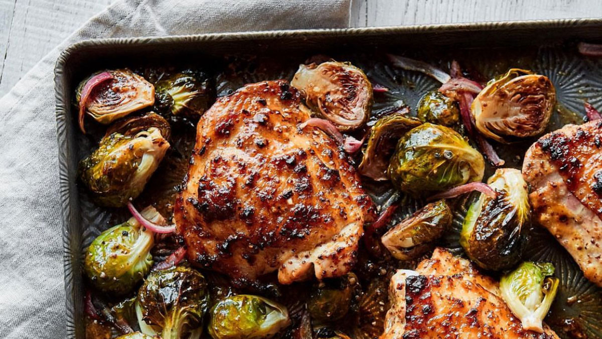Chicken Sweet Potatoes Brussel Sprouts Sheet Pan Chicken Thighs