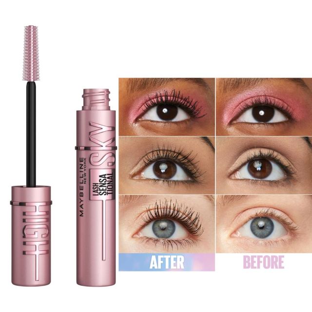 Tube of Maybelline mascara next to a before and after image