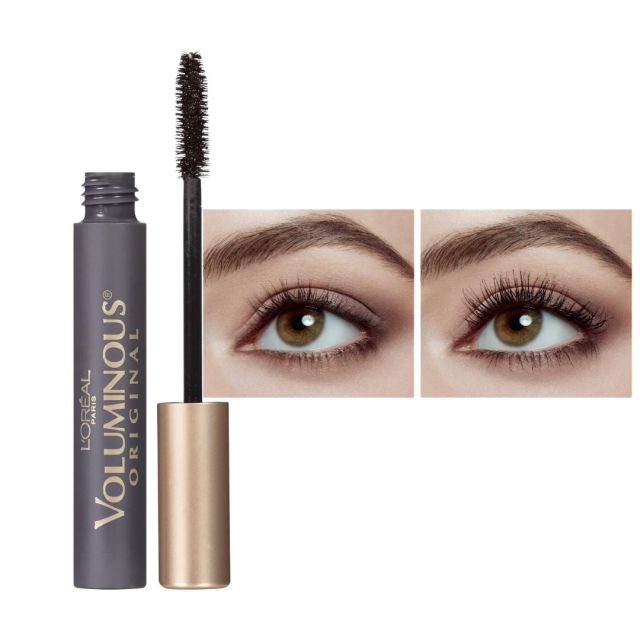 tube of voluminous mascara next to before and after image