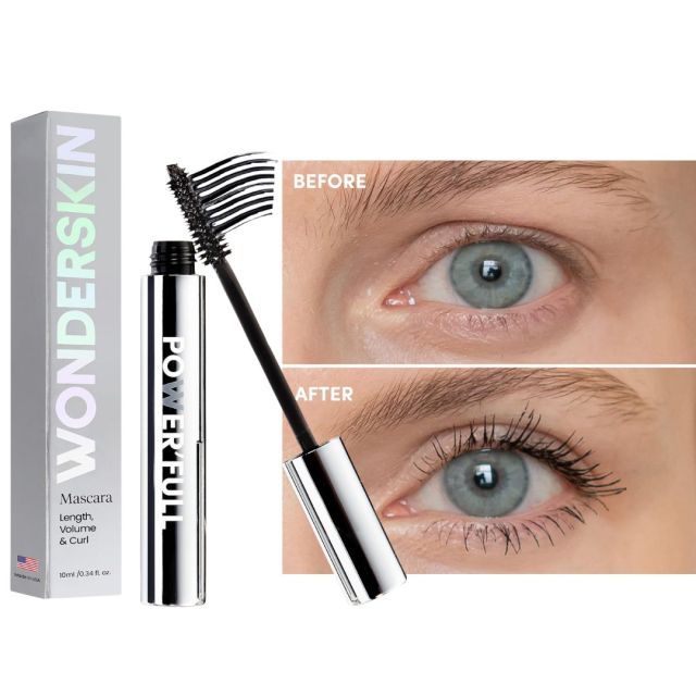 tube of Wonderskin mascara and a before and after image