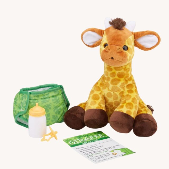 plush baby giraffe toy with pretend baby bottle and diaper