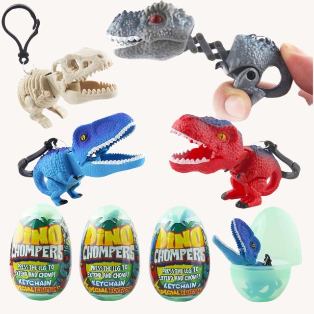 4 dino figures and four green plastic easter eggs