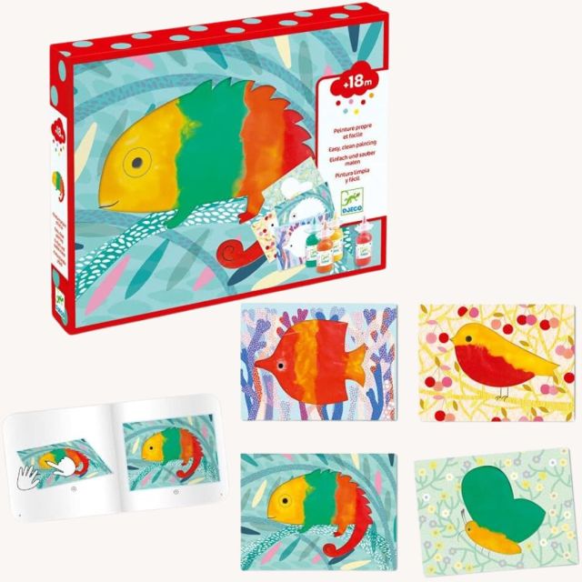 a child's paint kit with 4 painted animals as examples