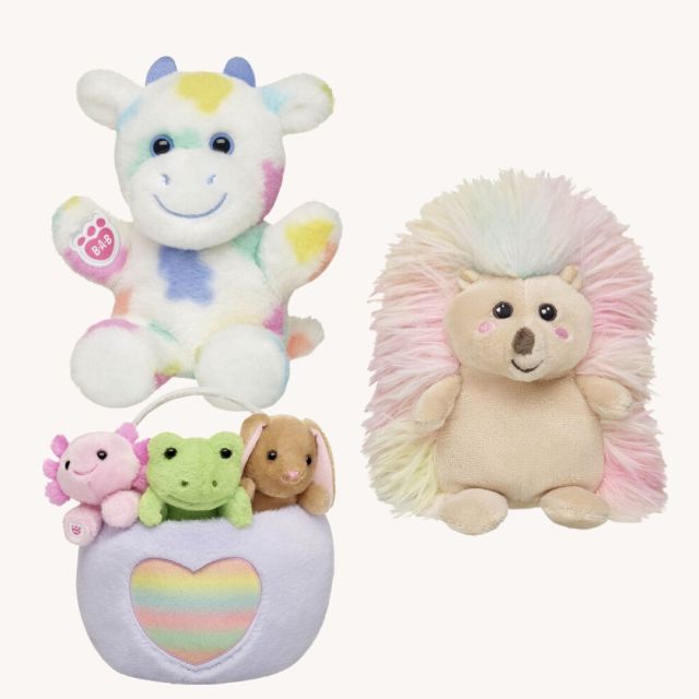 stuffed cow, hedgehog, and plush easter basket filled with three mini plushes