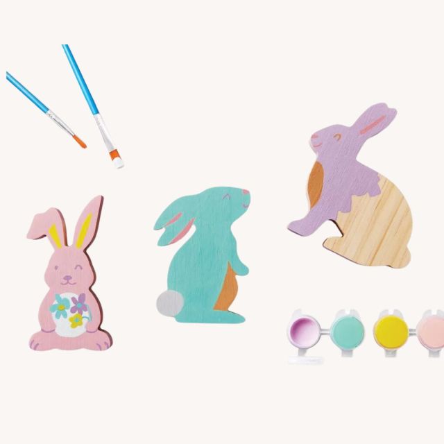 set of 3 wooden rabbits and set of paints to decorate them