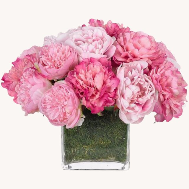 pink peony bouquet in glass vase