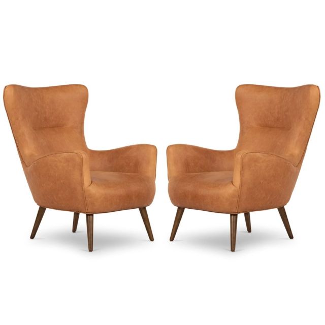 set of two brown leather wingback accent chairs