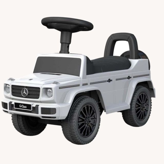 white ride-on mercedes G-wagon car for toddlers