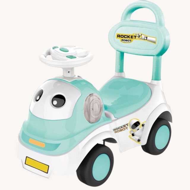 light green robot-themed toddler ride-on toy