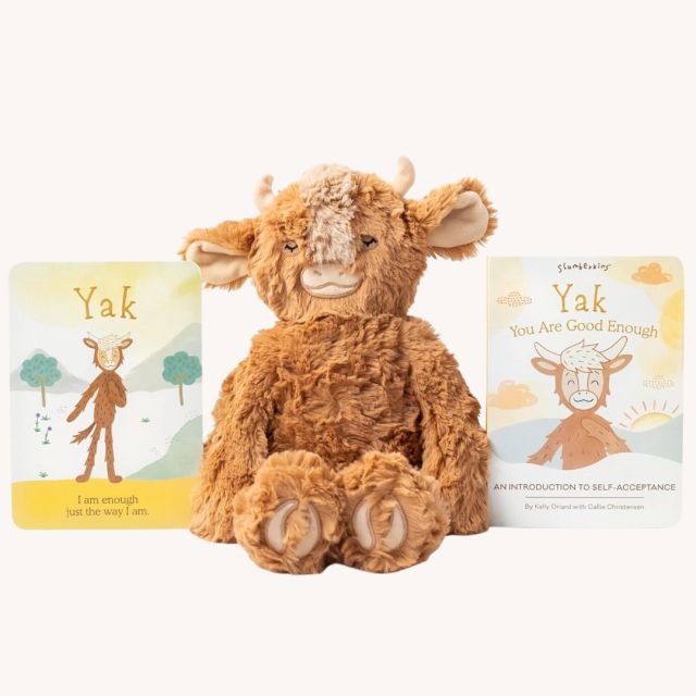 stuffed yak toy with board book and affirmation card
