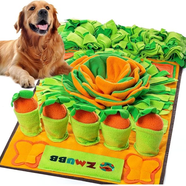 dog with farm-themed snuffle mat