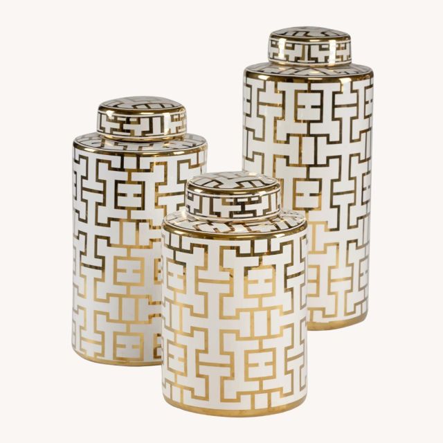 set of three gold and white geometric jars