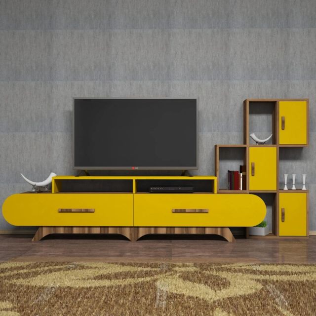 yellow vintage style entertainment center with tv