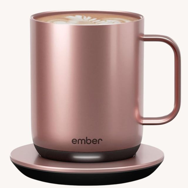 rose gold ember coffee mug on heating plate