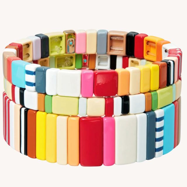 stack of colorful enamel bracelets