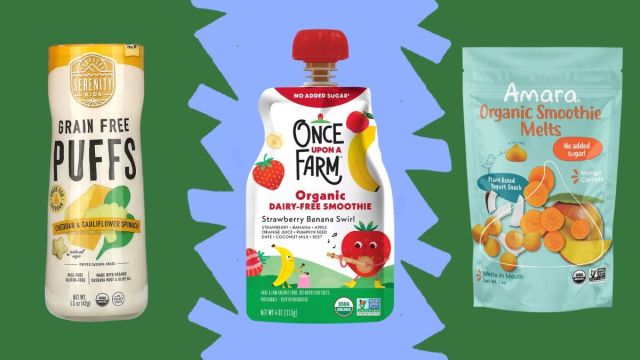 Three of the best baby snacks recommended by a dietitian: Serenity Kids Grain Free Puffs, Once Upon a Farm Organic Dairy-Free Smoothie packets, and Amara Organic Smoothie Melts