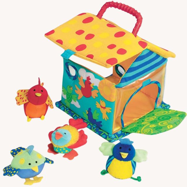 soft birdhouse toddler toy with four small plush birds