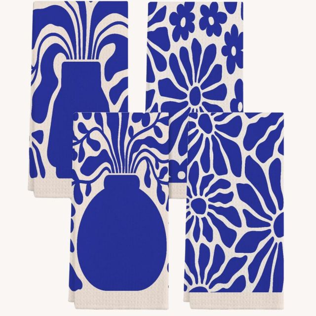 set of 4 dish towels with blue 60's-style prints