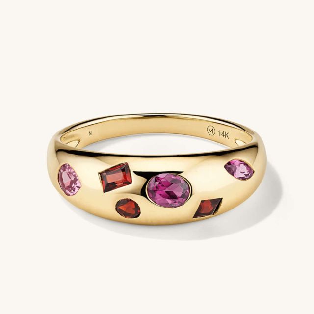 gold gemstone ring with pink and red gemstone mosaic design