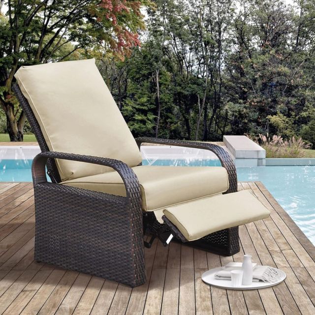 khaki and brown outdoor recliner set up poolside