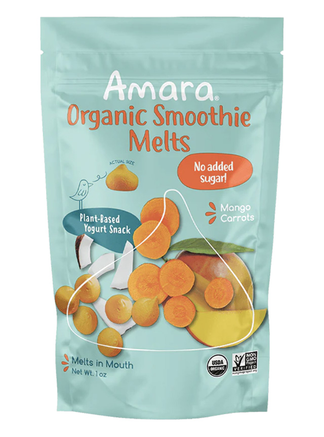 A bag of Amara Organic Smoothie Melts, one of the best packaged baby snacks