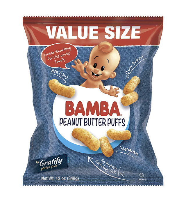 A bag of Bamba Peaut Butter Puffs, one of the best packaged baby snacks.