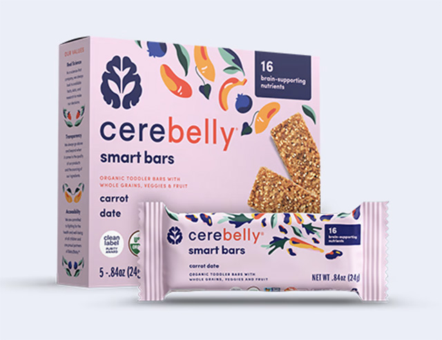A box of Cerebelly Smart Bars in Carrot Date, one of the best packaged baby snacks