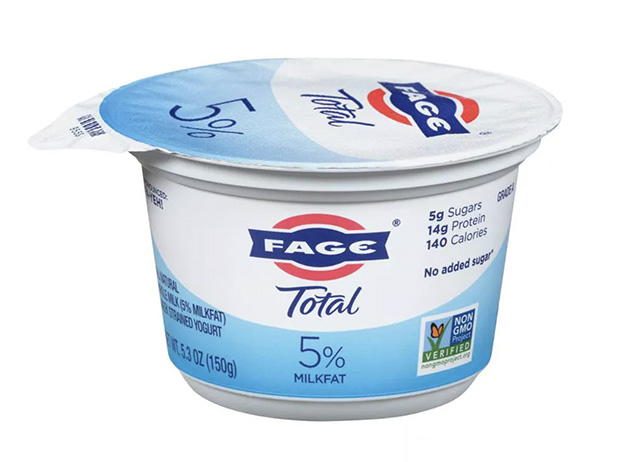 A single-serving container of Fage Total 5% Plain Greek Yogurt, one of the best packaged baby snacks