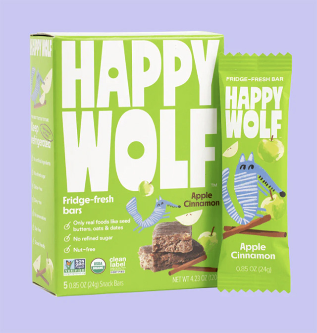 A box of Happy Wolf Apple Cinnamon Fridge-Fresh Bars, one of the best packaged baby snacks