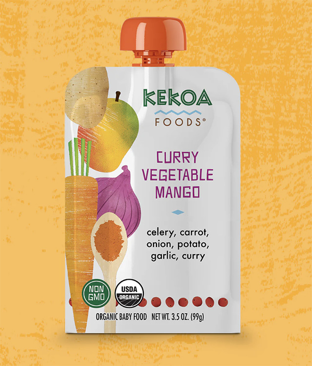 A packet of Kekoa Curry Vegetable Mango, one of the best packaged baby snacks
