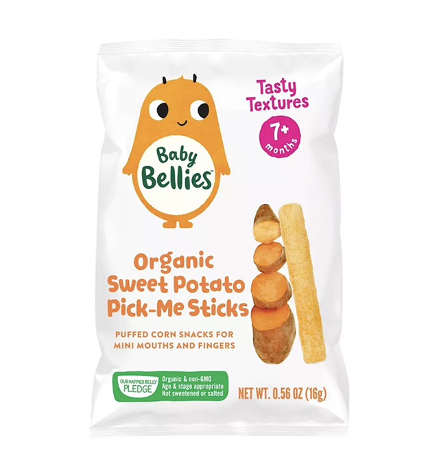 A bag of Baby Bellies Organic Sweet Potato Pick-Me Ups, one of the best packaged baby snacks