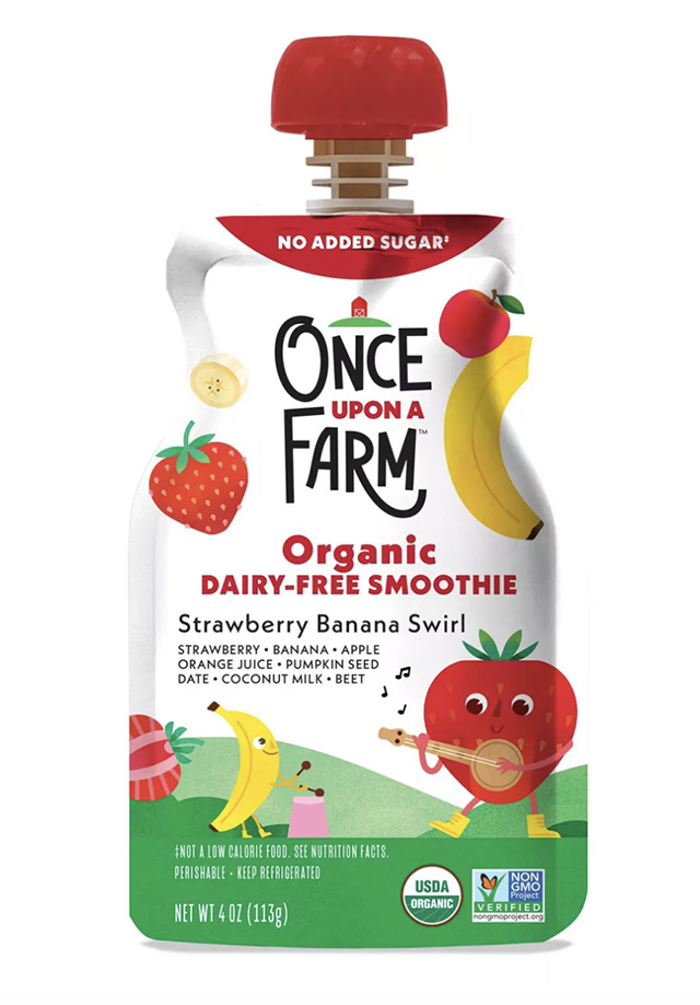 A packet of Once Upon A Farm Dairy-Free Smoothie, one of the best packaged baby snacks