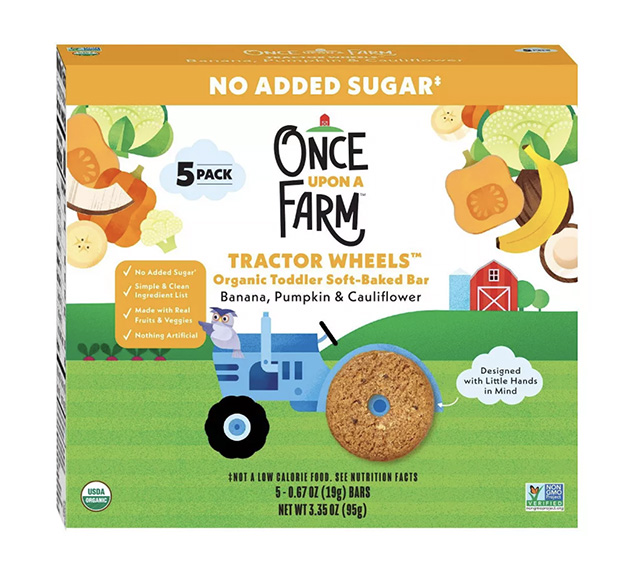 A box of Once Upon A Farm Tractor Wheels, one of the best packaged baby snacks.