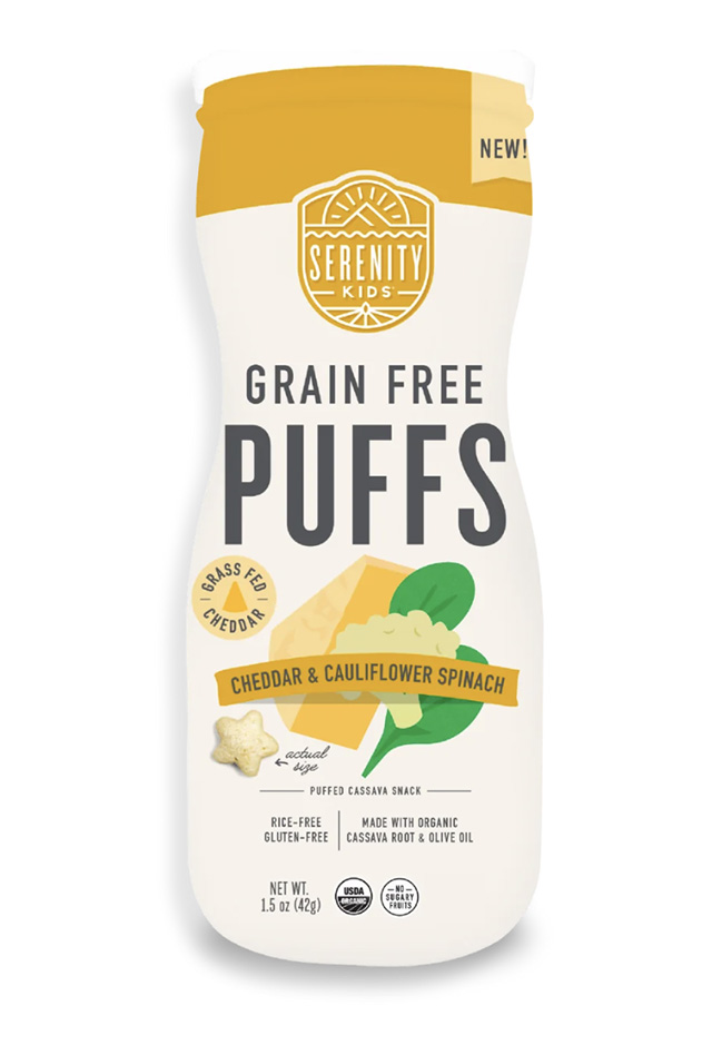 A package of Serenity Kids Grain Free Puffs in Cheddar & Cauliflower Spinach, one of the best packaged baby snacks