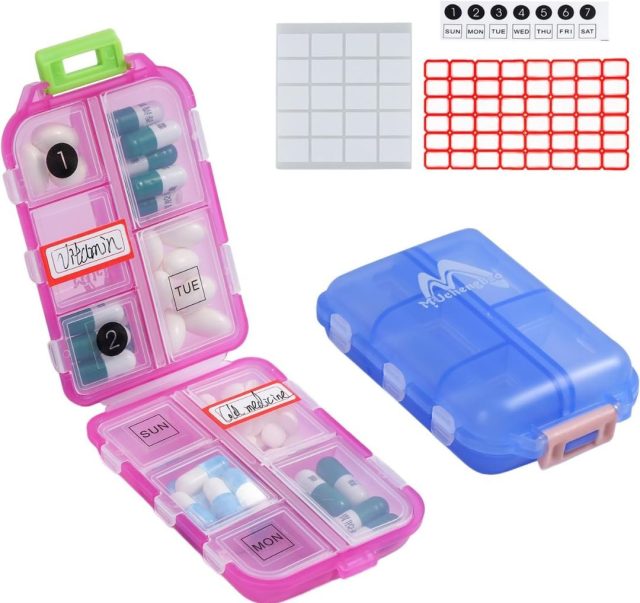 pink and blue pill organizers