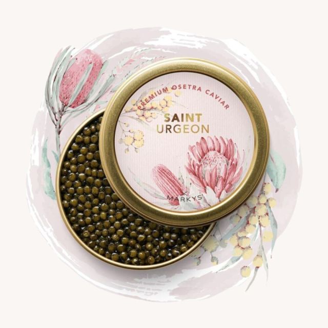 tin of caviar with pink floral design