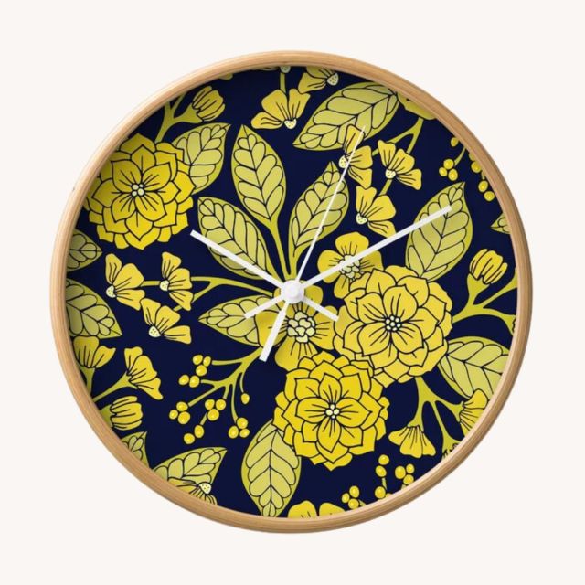 navy and yellow floral wall clock